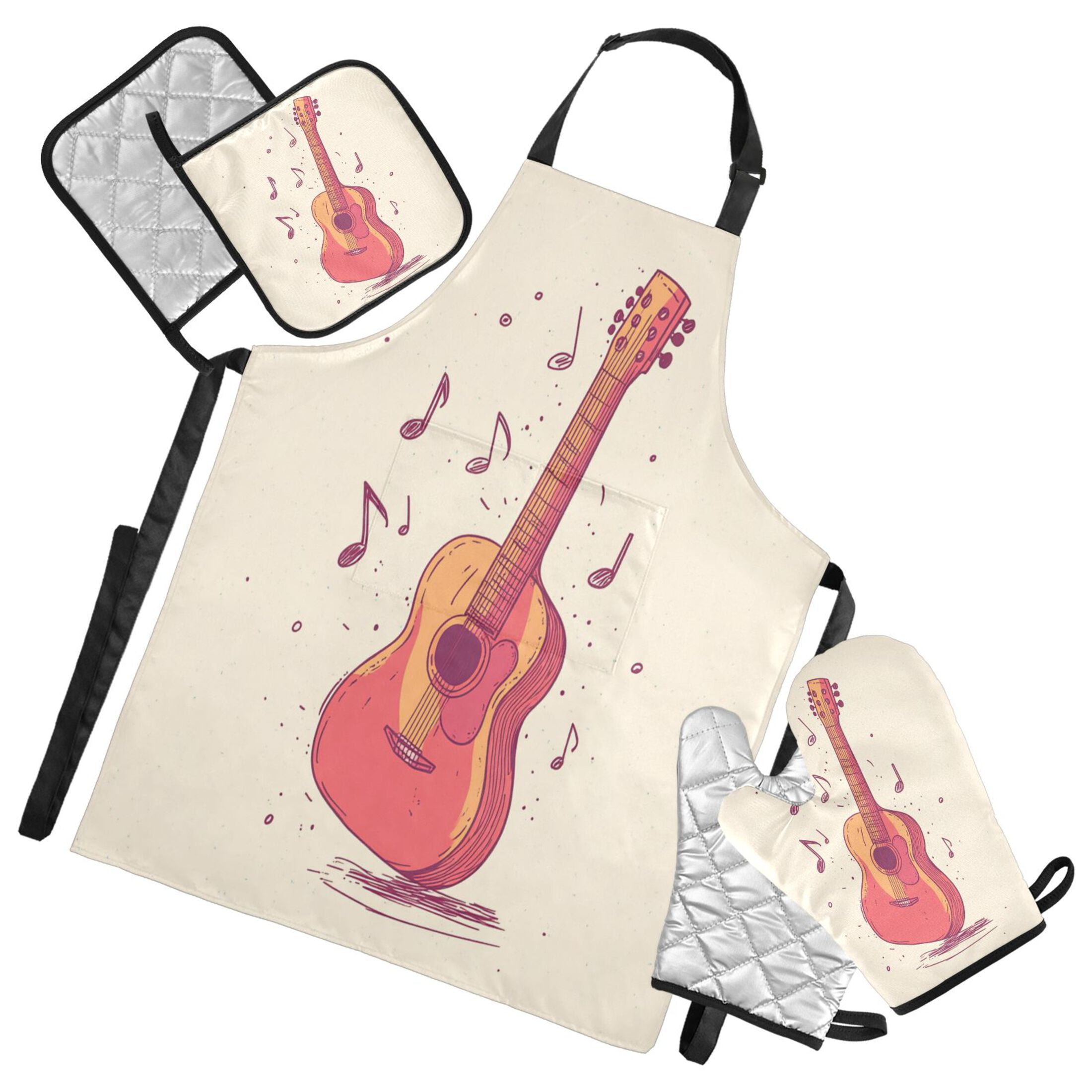 5 Pcs Kitchen Set Heat Resistant Oven Mitts and Non-Slip Pot Holders with Adjustable Cooking Apron Guitar and Notes