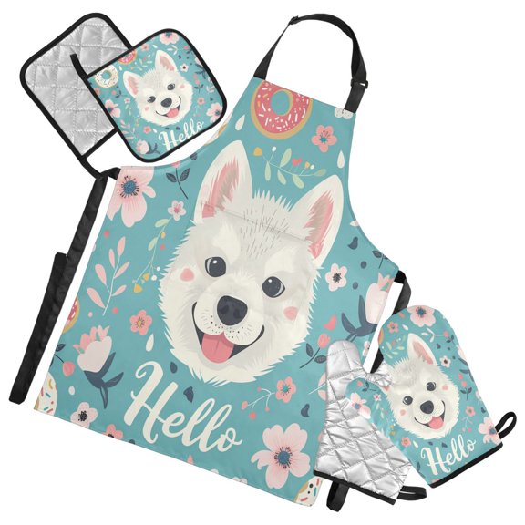 5 Pcs Kitchen Set Heat Resistant Oven Mitts and Non-Slip Pot Holders with Adjustable Cooking Apron Hello Dog Face