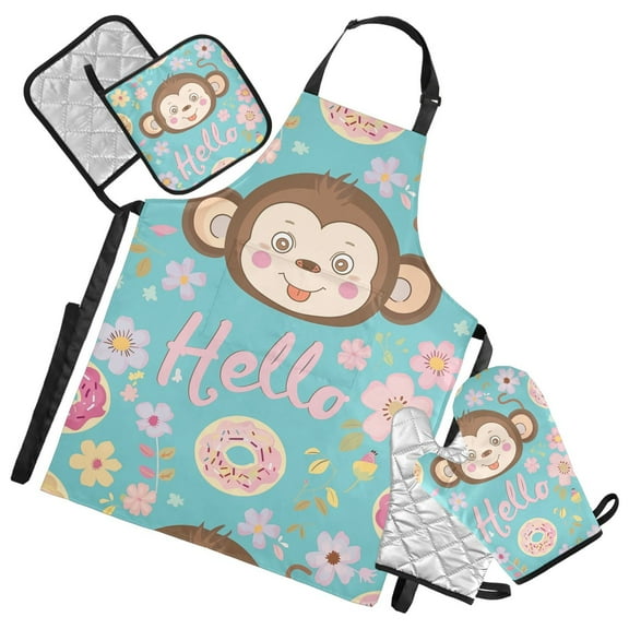 5 Pcs Kitchen Set Heat Resistant Oven Mitts and Non-Slip Pot Holders with Adjustable Cooking Apron Hello Monkey Face
