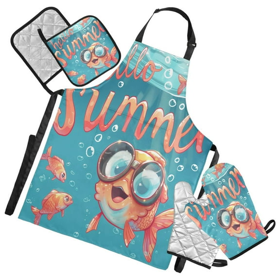 5 Pcs Kitchen Set Heat Resistant Oven Mitts and Non-Slip Pot Holders with Adjustable Cooking Apron Hello Summer Fish
