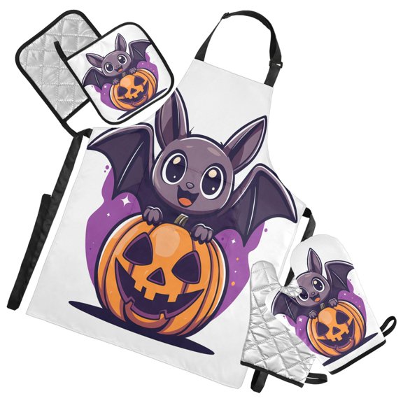 5 Pcs Kitchen Set Heat Resistant Oven Mitts and Non-Slip Pot Holders with Adjustable Cooking Apron Lovely Bat on Pumpkin