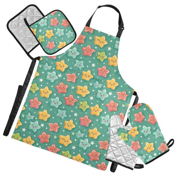 5 Pcs Kitchen Set Heat Resistant Oven Mitts and Non-Slip Pot Holders with Adjustable Cooking Apron Lovely Cartoon Stars