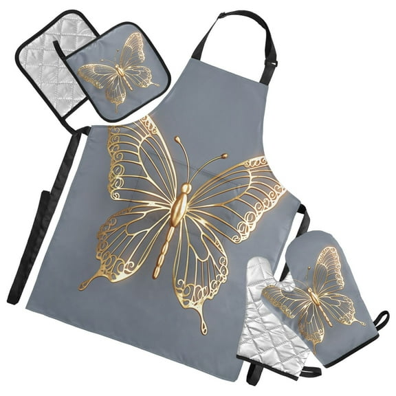 5 Pcs Kitchen Set Heat Resistant Oven Mitts and Non-Slip Pot Holders with Adjustable Cooking Apron Luxury Butterfly