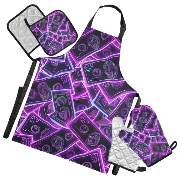 5 Pcs Kitchen Set Heat Resistant Oven Mitts and Non-Slip Pot Holders with Adjustable Cooking Apron Neon Dollar Bills