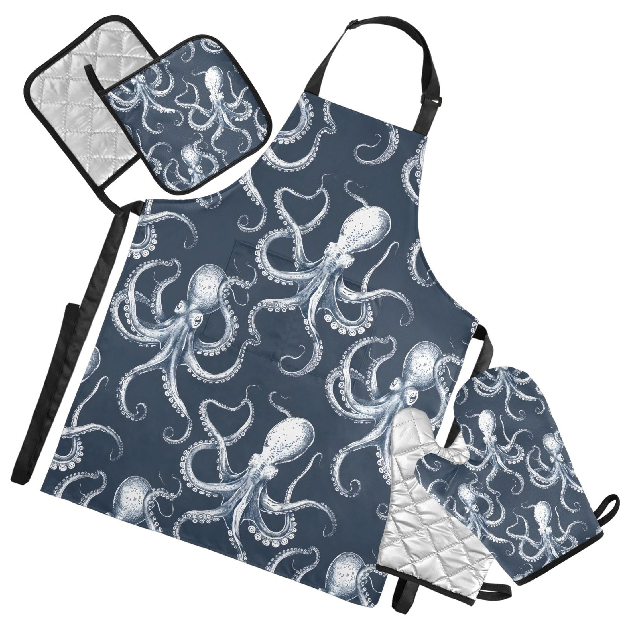 5 Pcs Kitchen Set Heat Resistant Oven Mitts and Non-Slip Pot Holders with Adjustable Cooking Apron Octopus Sketchy