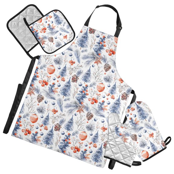 5 Pcs Kitchen Set Heat Resistant Oven Mitts and Non-Slip Pot Holders with Adjustable Cooking Apron Pine Cones Trees Leaves.