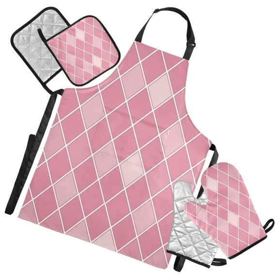 5 Pcs Kitchen Set Heat Resistant Oven Mitts and Non-Slip Pot Holders with Adjustable Cooking Apron Pink Block