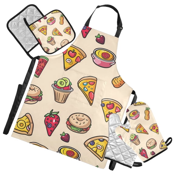 5 Pcs Kitchen Set Heat Resistant Oven Mitts and Non-Slip Pot Holders with Adjustable Cooking Apron Pizza Burger Strawberry Watermelon