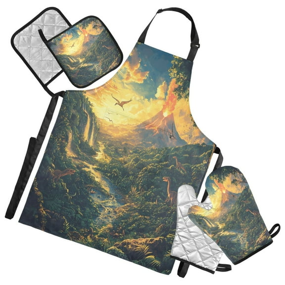 5 Pcs Kitchen Set Heat Resistant Oven Mitts and Non-Slip Pot Holders with Adjustable Cooking Apron Prehistoric Jungle Dinosaurs Volcano