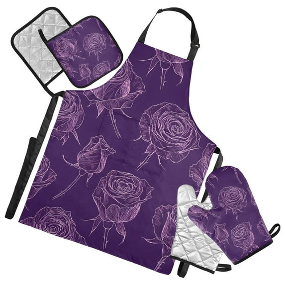 5 Pcs Kitchen Set Heat Resistant Oven Mitts and Non-Slip Pot Holders with Adjustable Cooking Apron Purple Rose Line Art