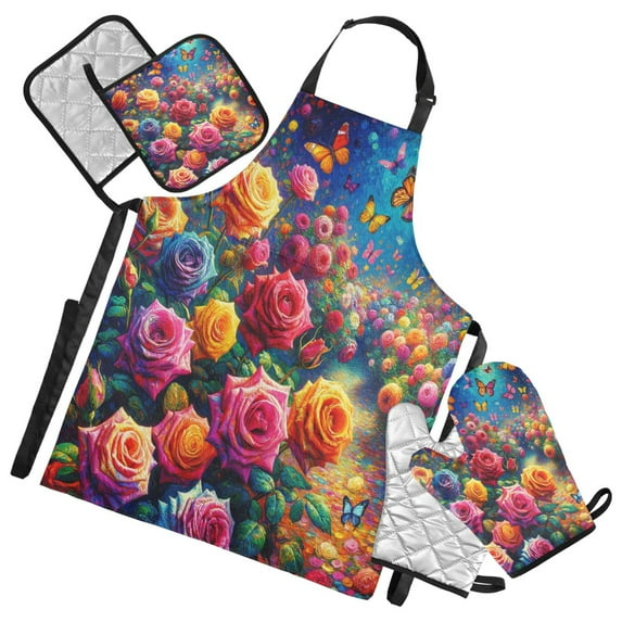 5 Pcs Kitchen Set Heat Resistant Oven Mitts and Non-Slip Pot Holders with Adjustable Cooking Apron Rainbow Rose and Butterflies