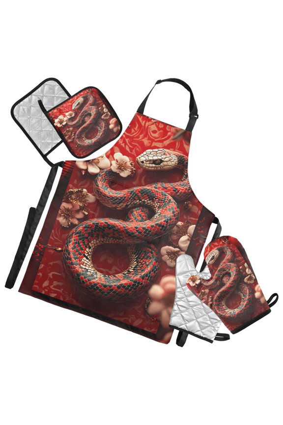 5 Pcs Kitchen Set Heat Resistant Oven Mitts and Non-Slip Pot Holders with Adjustable Cooking Apron Red Snake Lanterns Plum Blossoms