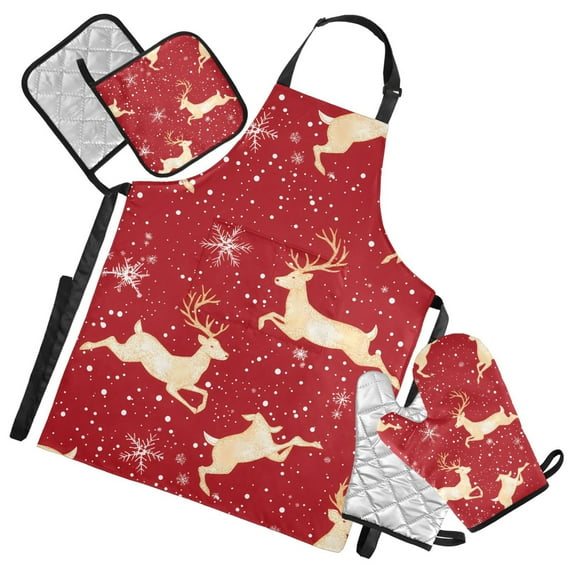 5 Pcs Kitchen Set Heat Resistant Oven Mitts and Non-Slip Pot Holders with Adjustable Cooking Apron Reindeer in Winter