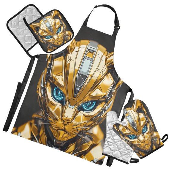 5 Pcs Kitchen Set Heat Resistant Oven Mitts and Non-Slip Pot Holders with Adjustable Cooking Apron Robot Cat Head
