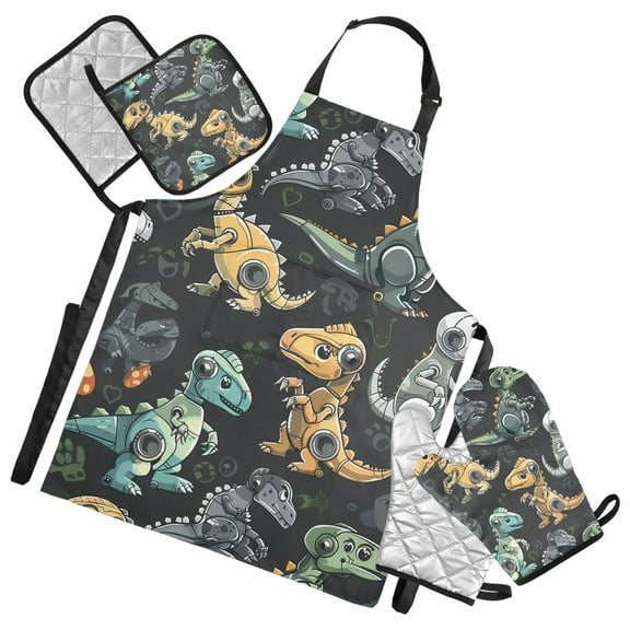 5 Pcs Kitchen Set Heat Resistant Oven Mitts and Non-Slip Pot Holders with Adjustable Cooking Apron Robot Dinosaur