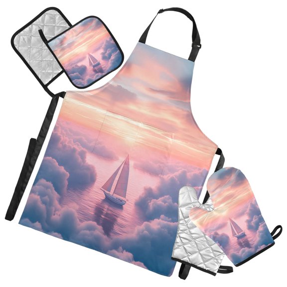 5 Pcs Kitchen Set Heat Resistant Oven Mitts and Non-Slip Pot Holders with Adjustable Cooking Apron Sailboat above Clouds