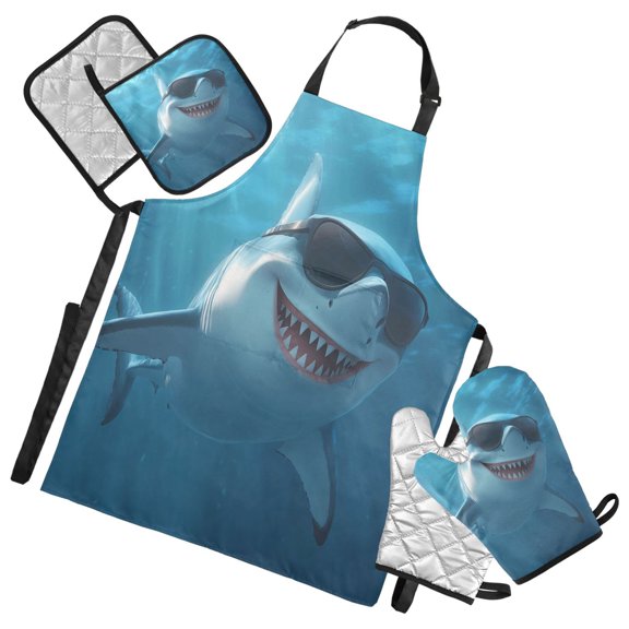 5 Pcs Kitchen Set Heat Resistant Oven Mitts and Non-Slip Pot Holders with Adjustable Cooking Apron Shark with Sunglasses