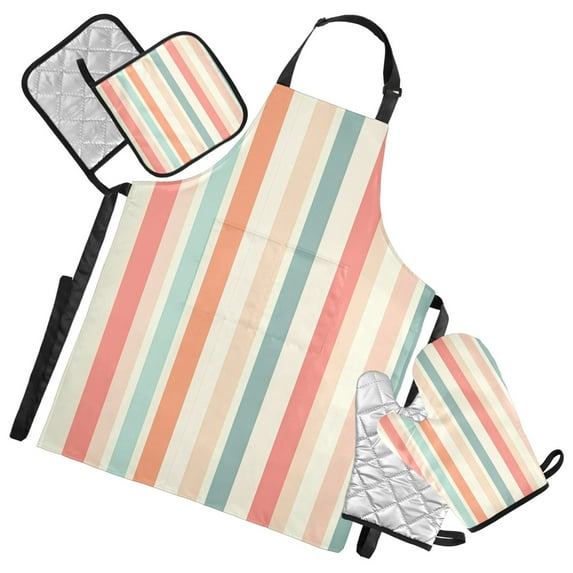 5 Pcs Kitchen Set Heat Resistant Oven Mitts and Non-Slip Pot Holders with Adjustable Cooking Apron Soft Color Striped