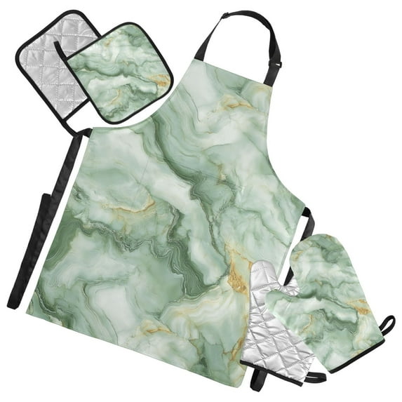 5 Pcs Kitchen Set Heat Resistant Oven Mitts and Non-Slip Pot Holders with Adjustable Cooking Apron Soft Green Marble