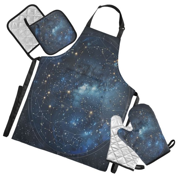 5 Pcs Kitchen Set Heat Resistant Oven Mitts and Non-Slip Pot Holders with Adjustable Cooking Apron Star Constellation