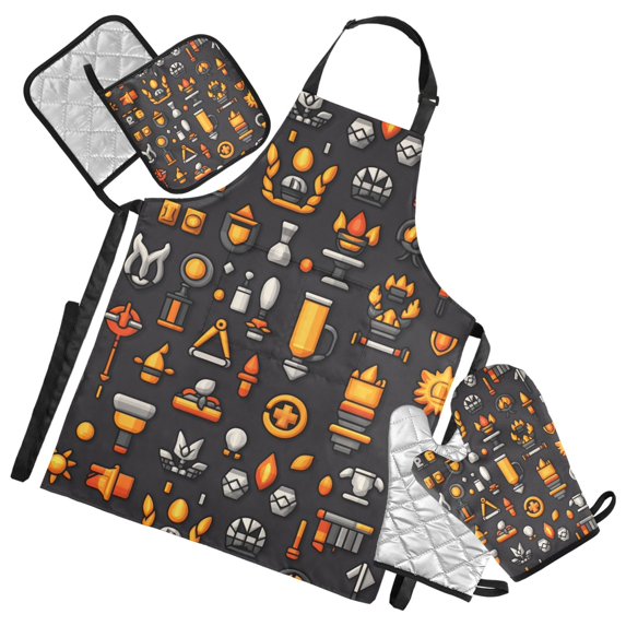 5 Pcs Kitchen Set Heat Resistant Oven Mitts and Non-Slip Pot Holders with Adjustable Cooking Apron Torch Sun Staff Chalice