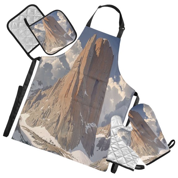 5 Pcs Kitchen Set Heat Resistant Oven Mitts and Non-Slip Pot Holders with Adjustable Cooking Apron Towering Mountain and Snow
