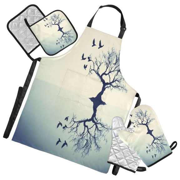5 Pcs Kitchen Set Heat Resistant Oven Mitts and Non-Slip Pot Holders with Adjustable Cooking Apron Tree and Bird Reflections