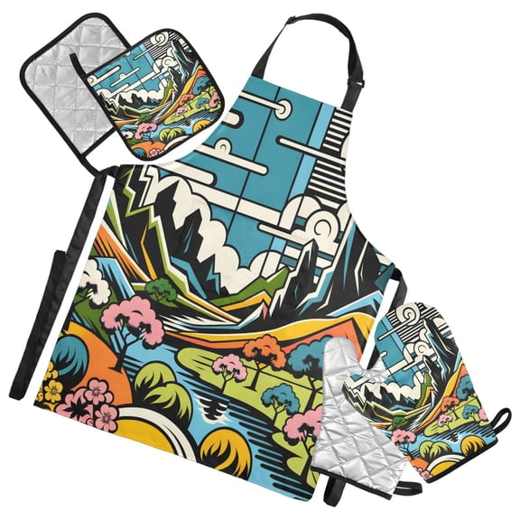 5 Pcs Kitchen Set Heat Resistant Oven Mitts and Non-Slip Pot Holders with Adjustable Cooking Apron Vibrant Woodblock Landscapes