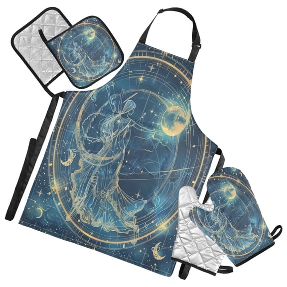 5 Pcs Kitchen Set Heat Resistant Oven Mitts and Non-Slip Pot Holders with Adjustable Cooking Apron Virgo Of Zodiac