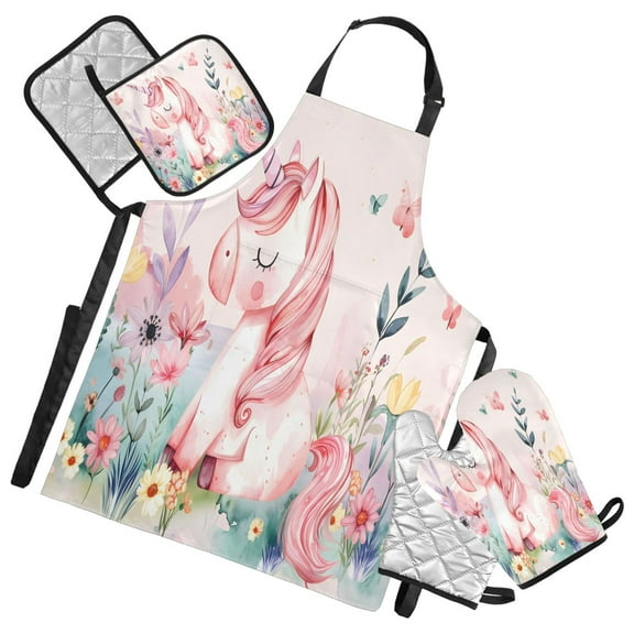 5 Pcs Kitchen Set Heat Resistant Oven Mitts and Non-Slip Pot Holders with Adjustable Cooking Apron Watercolor Cute Unicorn