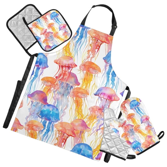 5 Pcs Kitchen Set Heat Resistant Oven Mitts and Non-Slip Pot Holders with Adjustable Cooking Apron Watercolor Jellyfish