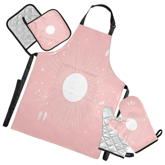 5 Pcs Kitchen Set Heat Resistant Oven Mitts and Non-Slip Pot Holders with Adjustable Cooking Apron White Sun on Pink