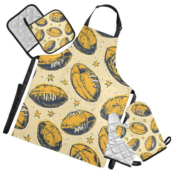 5 Pcs Kitchen Set Heat Resistant Oven Mitts and Non-Slip Pot Holders with Adjustable Cooking Apron Yellow Rugby and Star