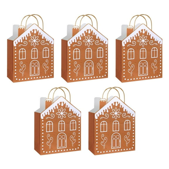 5 Pcs Kraft Christmas Gingerbread Paper Gift Bags with Handles Reusable Gingerbread House Shaped Goodies Treat Candy Bags Bulk 10.6 x 3.1 x 7.1 Inch for Wrapping Holiday Xmas Party Favors