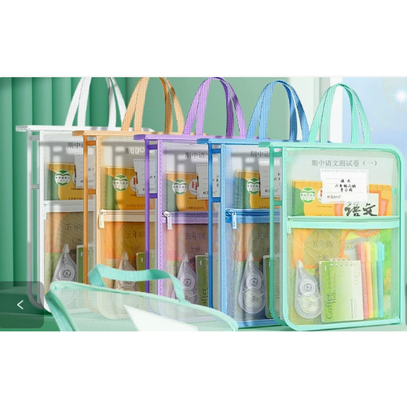 5 Pcs L-Shaped File Bags with Handle, Large Opening, Zippered Mesh Organizer Storage Bags for School Supplies, 13.2 x 9.8 x 2.4 in / 33.5 x 25 x 6 cm Clear Book Bag for Student's Test Papers