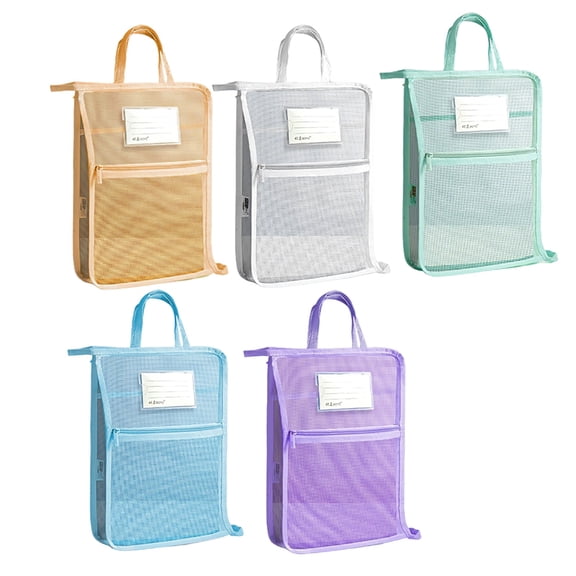 5 Pcs L-Shaped File Bags with Handle, Large Opening, Zippered Mesh Organizer Storage Bags for School Supplies, 13.2 x 9.8 x 2.4 in / 33.5 x 25 x 6 cm Clear Book Bag for Student's Test Papers