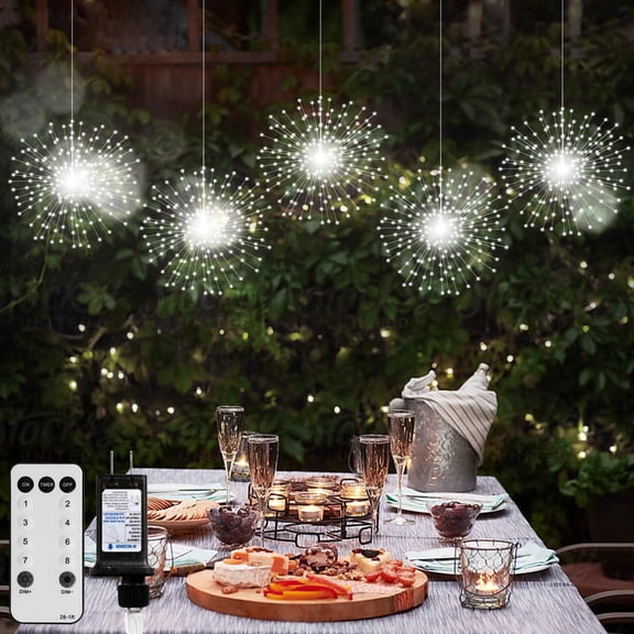 5 Pcs LED Firework Lights, Waterproof String Light with 8 Modes, Plug in Starburst Lights for Christmas Garden Patio Outdoor Indoor Decor, Cool White