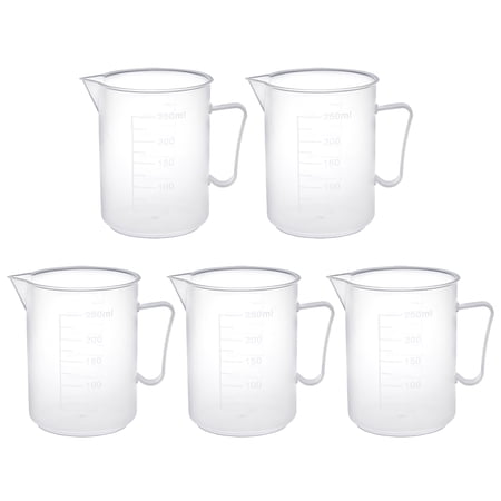 5 Pcs Laboratory Clear White PP 250mL Measuring Cup Handled Beaker