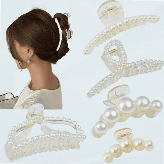 5 Pcs Large Pearl Hair Claw Clips White Black Hair Clips Thick Long Hair Jaw Clips Barrettes Hair Accessories for Women and Girls