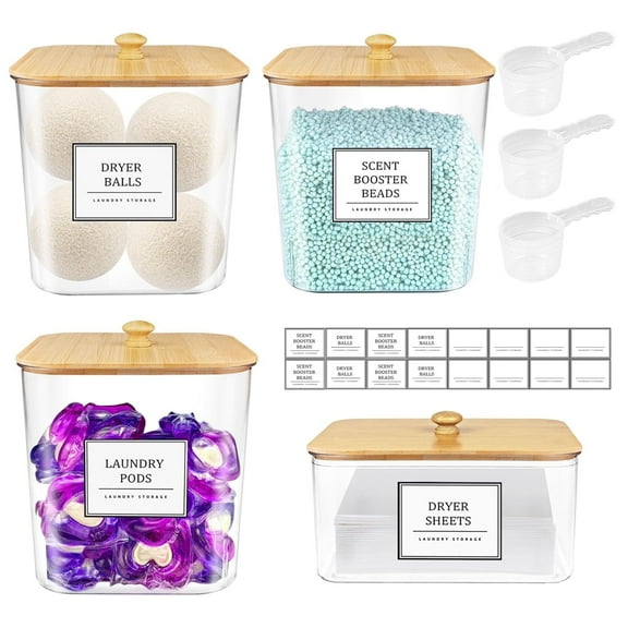 AARTVARK TEES 3+1 Pack Laundry Pods Container,Large Laundry Detergent Powder Storage Containers with Wooden Lids & Labels