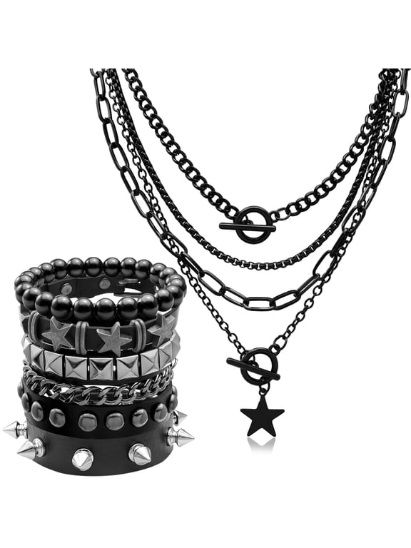 5 Pcs Layered Star Grunge Emo Studded Goth Bracelets Necklace Set for Women Men Y2K Leather 80s Accessories Jewelry Gifts