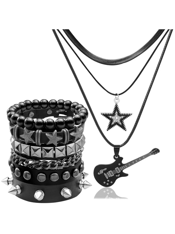 5 Pcs Layered Star Grunge Emo Studded Bracelets Goth Necklace Set for Women Men Y2K Star Guitar Gothic Choker Punk Rock Spiked Leather Bracelets 80s Emo Accessories Y2K Goth Jewelry Gifts