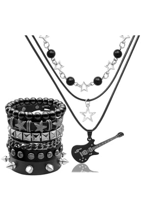 5 Pcs Layered Star Grunge Emo Studded Bracelets Goth Necklace Set for Women Men Y2K Star Guitar Gothic Choker Punk Rock Spiked Leather Bracelets 80s Emo Accessories Y2K Goth Jewelry Gifts