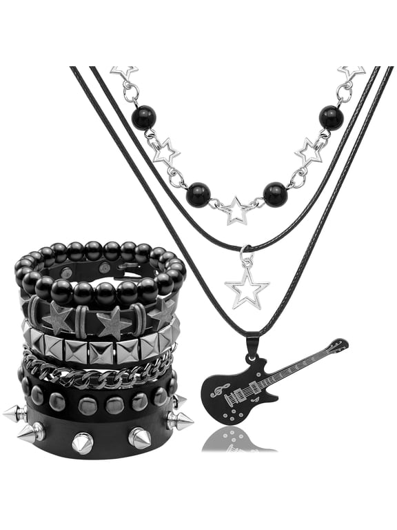 5 Pcs Layered Star Grunge Emo Studded Goth Bracelets Necklace Set for Women Men Y2K Leather 80s Accessories Jewelry Gifts