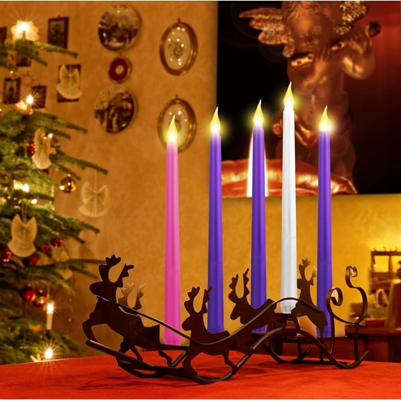 5 Pcs LeD Flameless advent Candle Set Christmas Candles Seasonal Celebration, Plastic, Purple Pink White Taper for Church Wreath