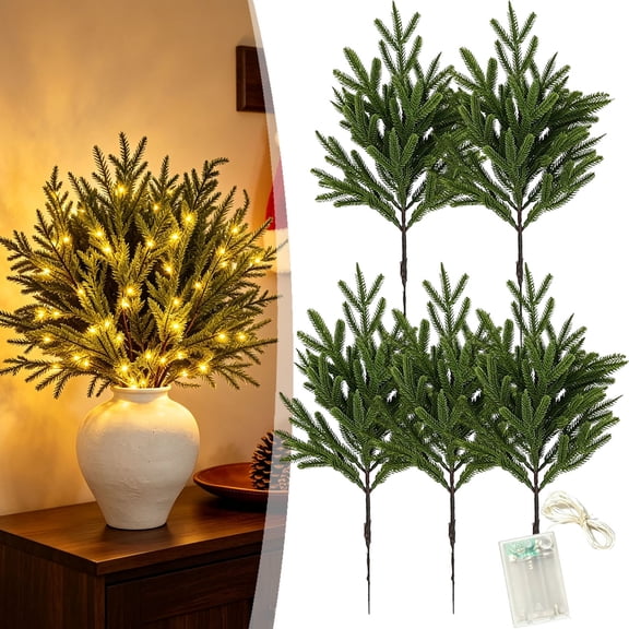 5 Pcs Lighted Pine Branches with Battery Box, Artificial Evergreen Picks with Warm LED Lights, Flexible Greenery Stems for Christmas Wreaths, Garlands, Vases and Table Decor