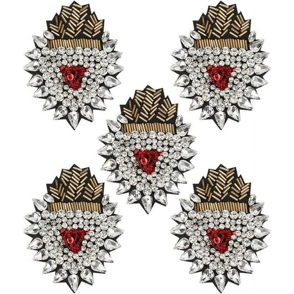 5 Pcs Love Heart Beaded Rhinestone Patches 3.8Inch Sew On Cristal Rhinestone Fabric Patches Heart Embroidery Patch with Golden Tube for Jeans Jackets Clothing Handbag Shoes Crystal