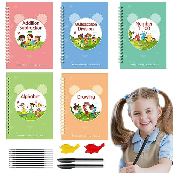 5 Pcs Magic Practice Copybook, Reusable Grooved Handwriting Workbooks for Age 3-8 Calligraphy