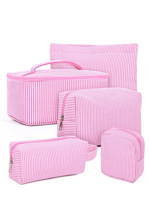 5 Pcs Makeup Bag Set Cute Cosmetic Pouch for Women Seersucker Travel Purse Pouch Aesthetic Skincare Brushes Storage Organizer for Valentine Women(Pink)