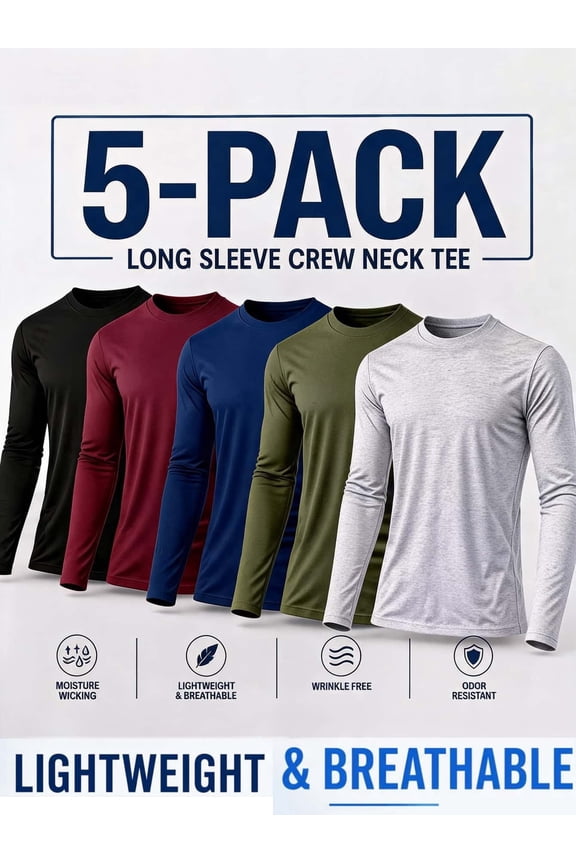5-Pcs Men Long Sleeve Activewear Tops, Quick Dry Moisture Wicking Compression Athletic Baselayer Rash Guard Performance Workout Tees